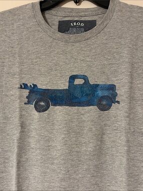 Izod Gray Short-Sleeve Tee with Blue vintage Truck & surfboard Graphic Large